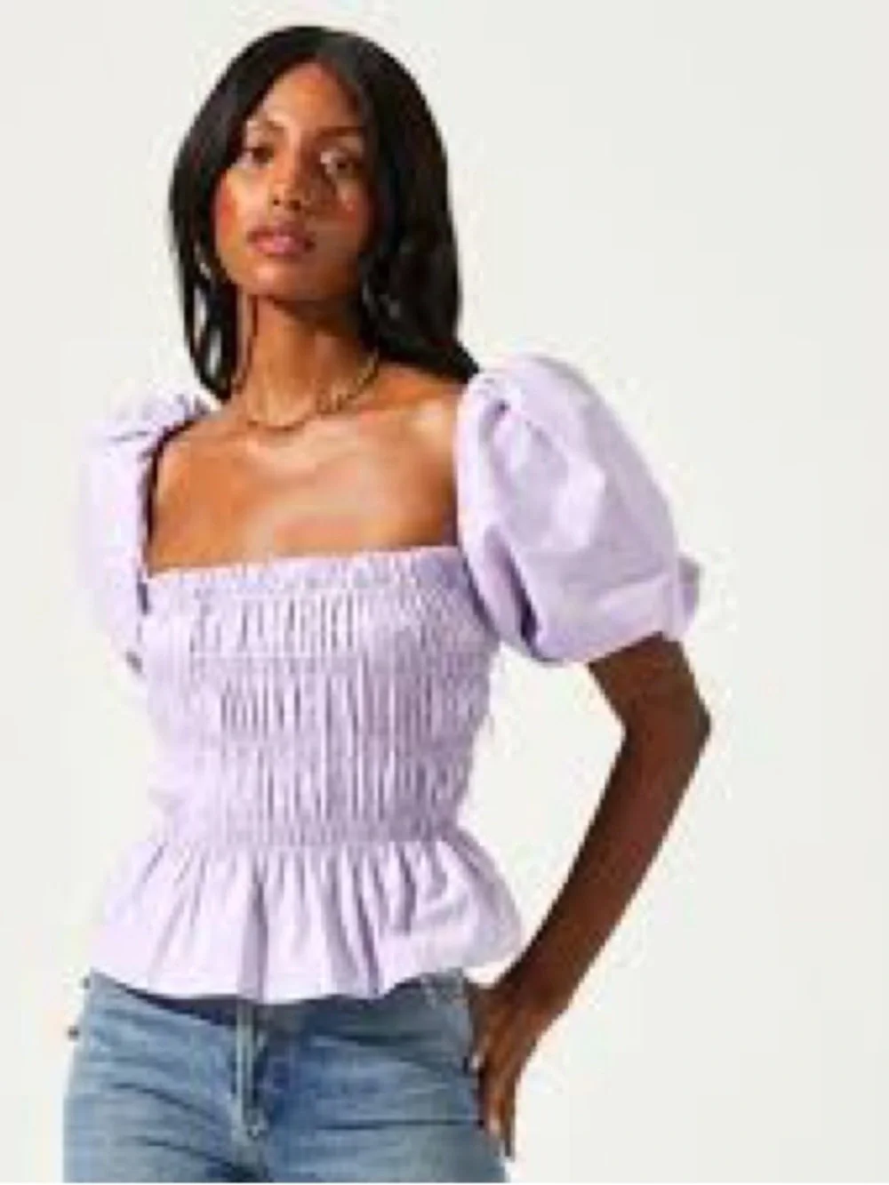 Astr the label Savine Lavender Smocked Puff-Sleeve Peplum Top